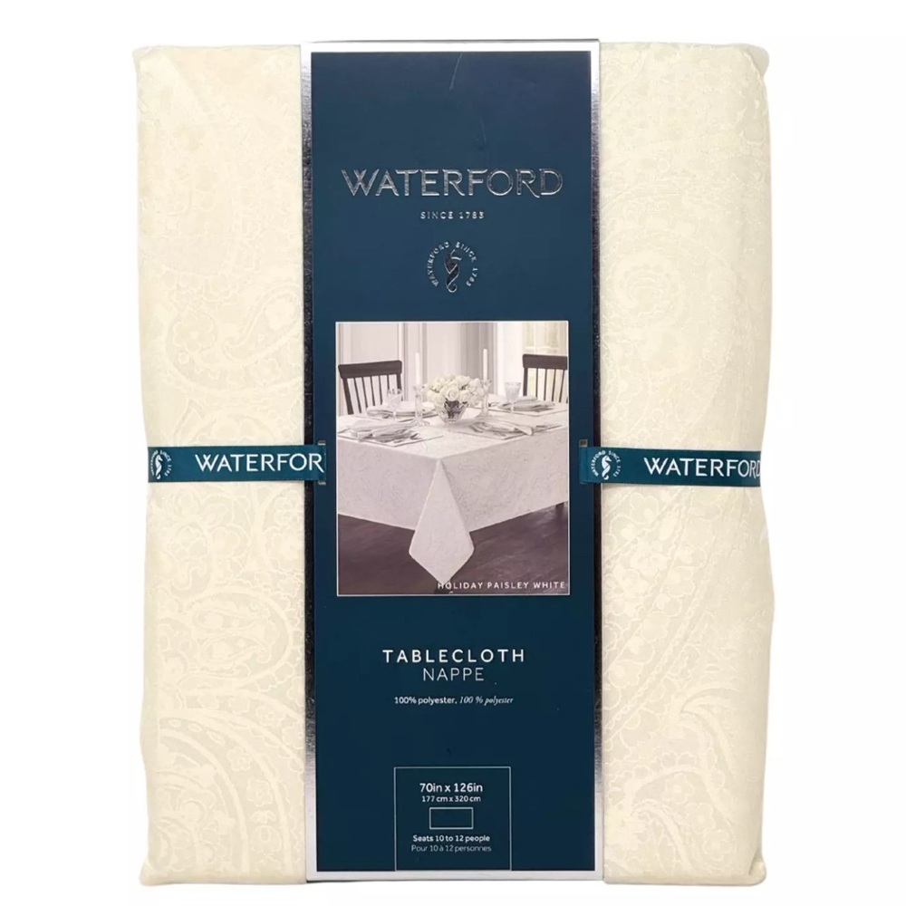 WATERFORD 70 x 126 Christmas Holiday Cream White Paisley Designer Tablecloth NEW